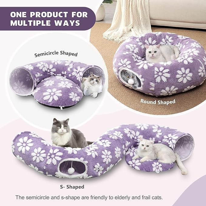 Cat Tunnel for Indoor Cats, Cute Peekaboo Cat Cave with Dangling Balls, Pet Donut Tunnel Bed with Circle Mat for Puppy Kitten Rabbit, Purple