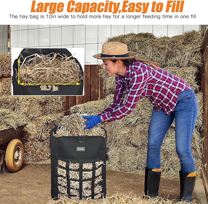 Hay Bags for Horses,Two-Sided Premium Oxford Slow Feed Hay Bags for Goats,Sheep,Donkey,Large Top Opening with Hook-and-Loop Seals,Easy to Hang with Adjustable Strap (Black, Large 1 Pack)