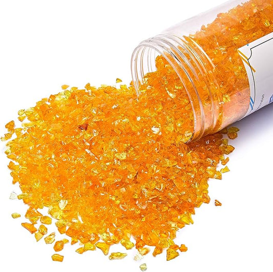 TWINKLING High Luster Crushed Glass Glitter, Broken Glass, Fire Glass Gems Chips for Fire Pit, DIY Resin Art, Epoxy Crafts, Geode Painting, Aquarium Decoration, 6-9mm(370g/13oz.) (Orange Yellow)