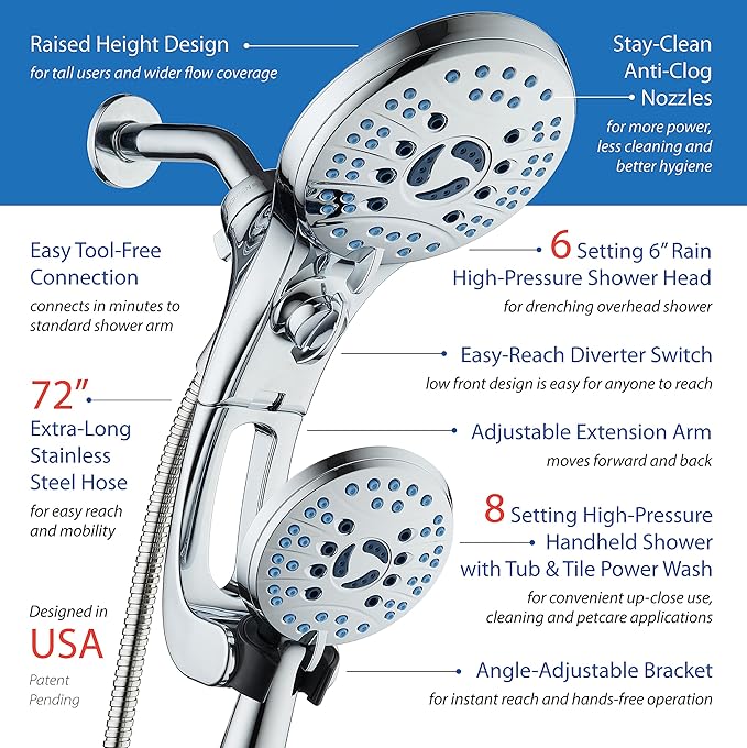 Hotel Spa AquaCare As-Seen-On-TV High Pressure Handheld/Rain 50-mode 3-way Shower Head Combo with Adjustable Arm - Anti-clog Nozzles, Tub & Pet Power Wash, 6 ft. Hose, All Chrome Finish