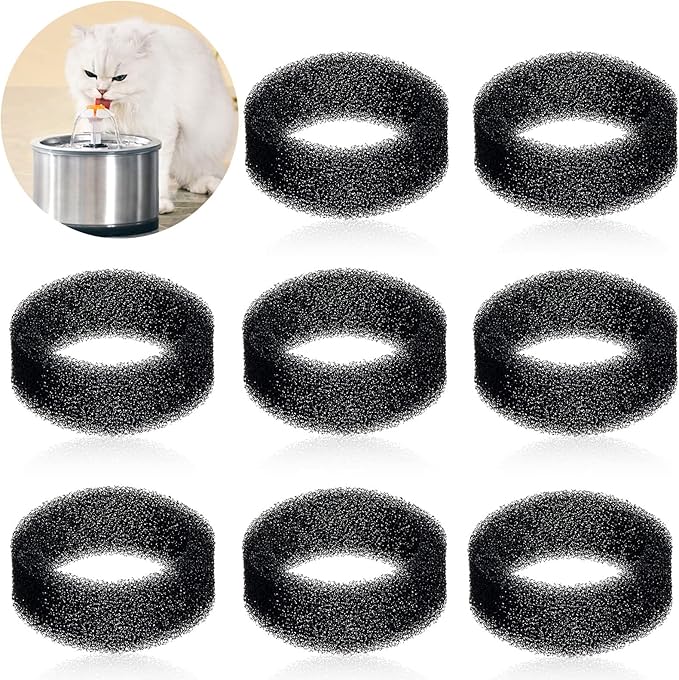 Tuanse 8 Pieces Cat Pet Water Fountain Filters Replacement Round Filter Foam for Pet Cat Drink Water Sponge Filter Replacement for 2. 5 L/84 oz 2. 2 L/ 74 oz Stainless Steel Dog Fountain