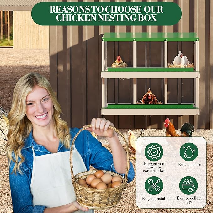 6 Hole Chicken Nesting Box with Roll Out Egg Tray, Rustproof & Ventilated Chicken Laying Boxes for Hens, Chickens, Ducks | Easy-Clean Poultry Coop Accessories