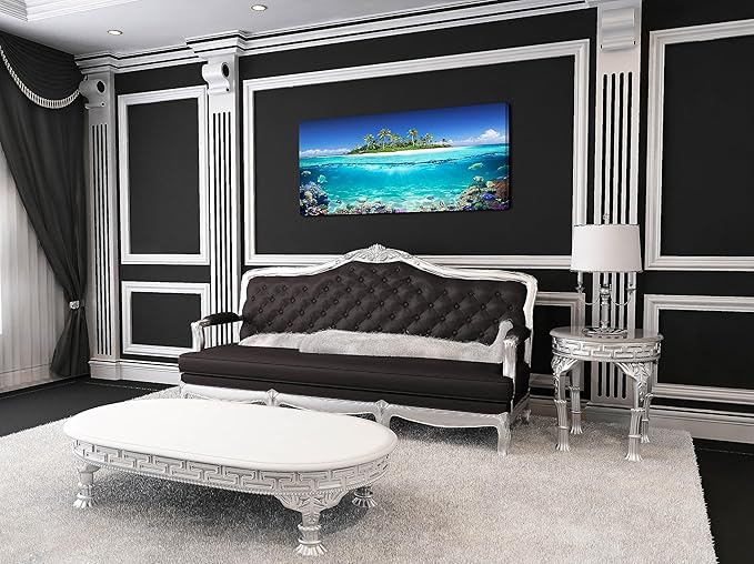 Tropical Island Coral Reef Landscape Canvas Wall Art for Living Room,Unique View Split Waterline Scenery,Beautiful Nature Summer Travel Scenic Picture Print Artwork Painting Decor,Inner Frame 30x60