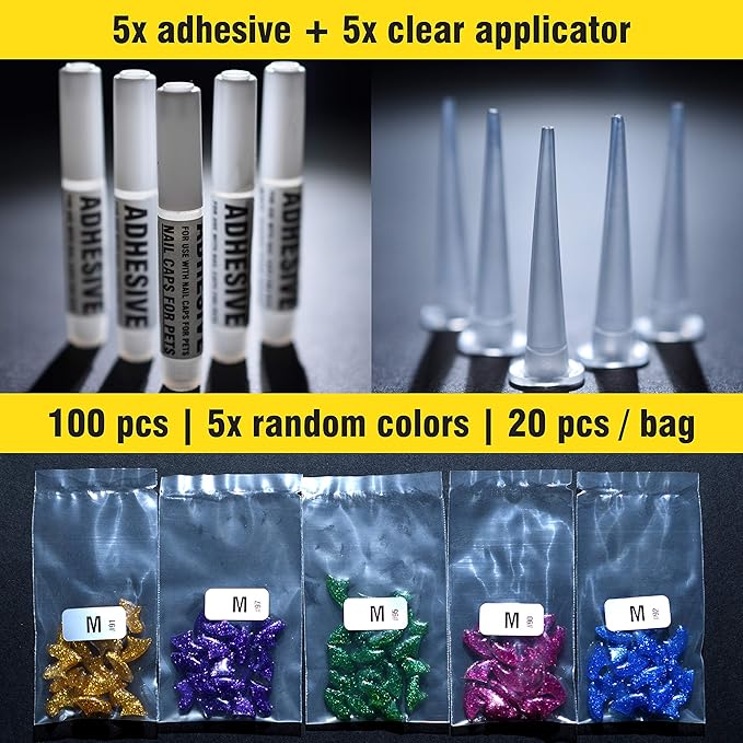 zetpo Cat Nail Caps | Cat Claw Covers | with Adhesives and Applicators (M, 5X Glitter Random Colors | 100 pcs)