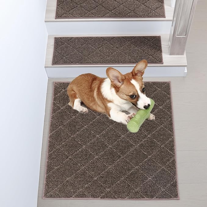 COSY HOMEER Edging Stair Treads Non-Slip Corner Indoor Stair Runners for Wooden Steps,Landing Slip Resistant Stair Rugs Mat for Kids and Dogs,100% Polyester TPE Backing,Brown,30x30 inch