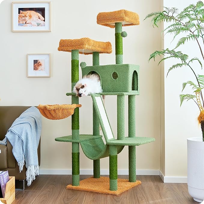 Ouritsu Cat Tree, 61 inch Tall Cat Tower for Large Cat Indoor, Enlarged Condo, 2 Padded Perches with 1 Widened, Large Hammock, Scratching Post and ramp, Fluffy Basket, Green, LF002GB