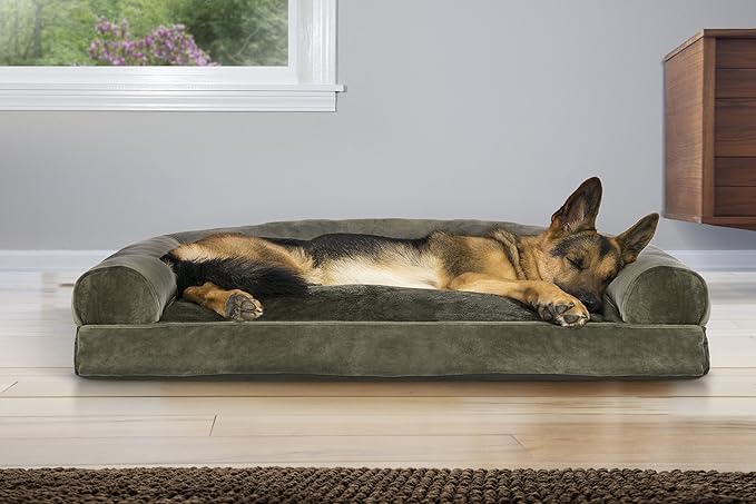 Furhaven Pillow Dog Bed for Large Dogs w/ Removable Bolsters & Washable Cover - Faux Fur & Velvet Sofa - Dark Sage, Jumbo/XL