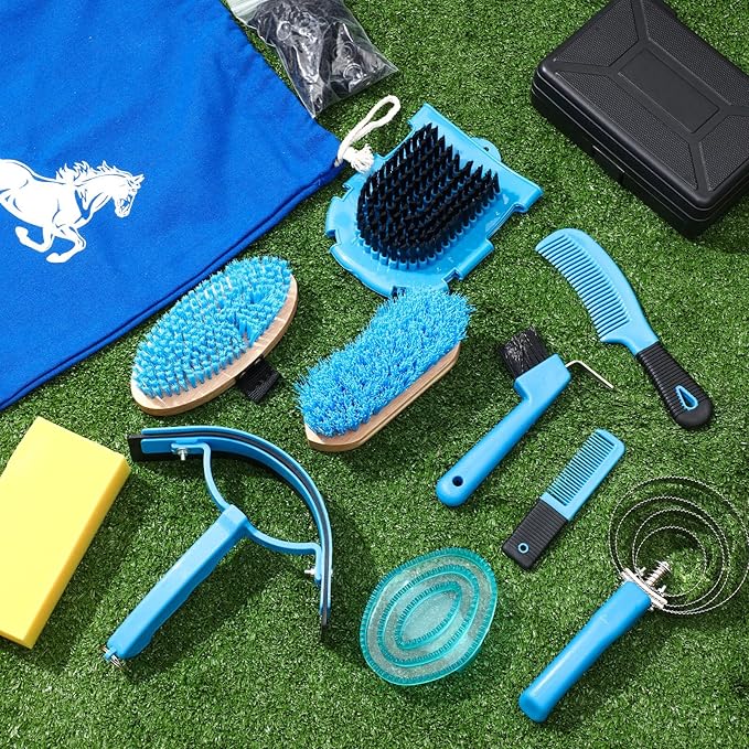 Abbylike 12 Pieces Horse Grooming Kit Racing Festival Tack Room Supplies Horse Brush Sets Equine Care Cleaning Kit Shedding Grooming Massaging Tools(Blue)