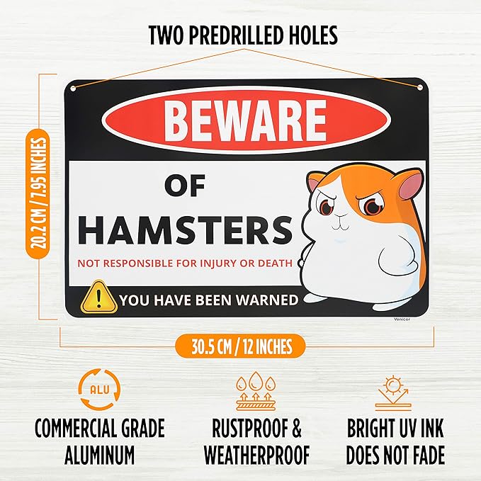 Venicor Hamster Sign Decor - 8 x 12 Inches - Aluminum - Hamster Cage Accessories - Hamster Gifts Things Toys Clothes Stickers Stuff