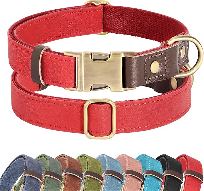 Didog Soft PU Leather Dog Collars for Small Dogs,Classic Adjustable Dog Collars with Quick Release Metal Buckle,Easy Clean and Comfortable with Nylon Lining,Red,S Neck 10-15"