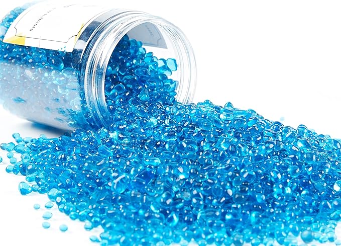 TWINKLING High Luster Round Fire Glass Stones Marbles Beads Gems for Fire Pit Vase Fillers Crafts Aquarium Garden Decoration, 3-6mm, 1-Pound Jar (Ocean Blue)