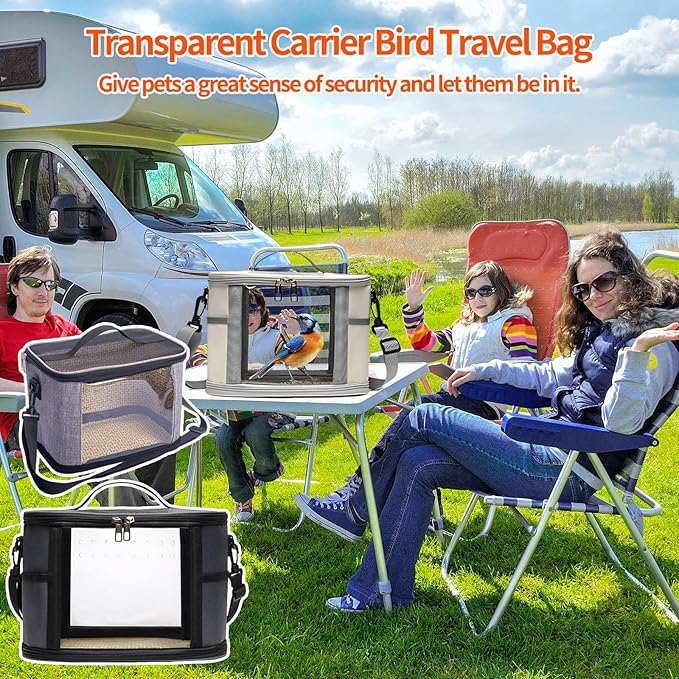 Bird Travel Carrierm, Small Bird Travel Backpack Carrier Cage with Tray and Breathable Clear Window, for Parakeet Cockatiel Budgies, for Camping Hiking (Beige)