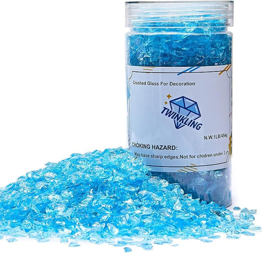 TWINKLING High Luster Fire Glass Gravel Stone Glitter,Broken Glass,Fire Gems Chips,Crushed Glass for Fire Pit Crafts Resin Art Aquarium Garden Decoration,3-6mm,1-Pound Jar (Ocean Blue)