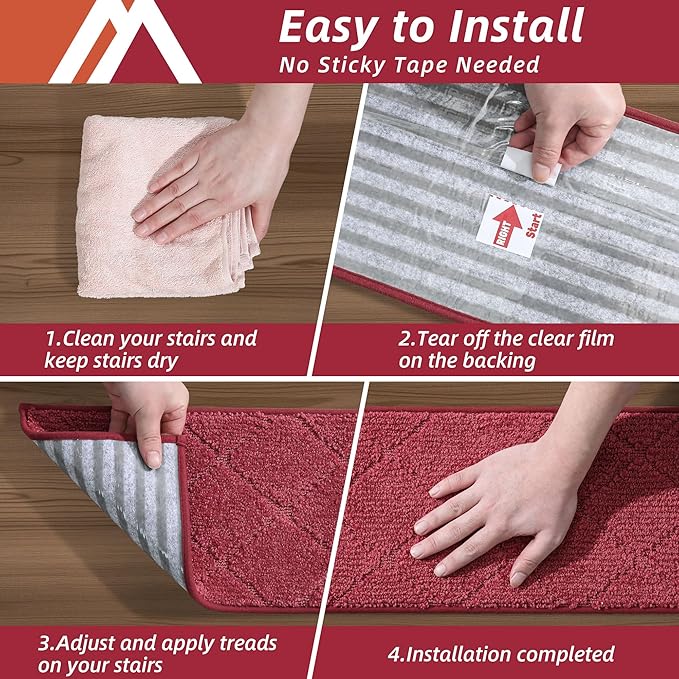 COSY HOMEER Edging Stair Treads Non-Slip Carpet Mat 28inX9in Indoor Stair Runners for Wooden Steps, Edging Stair Rugs for Kids and Dogs, 100% Polyester TPE Backing (10pc, Red)