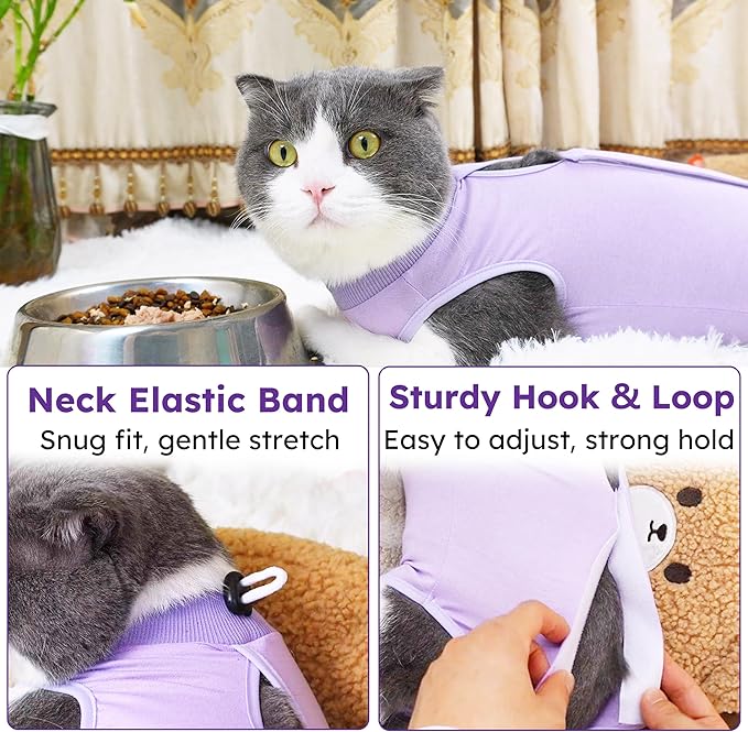Cat Recovery Suit for Spay Abdominal Wound, Breathable Kitten Onesie for Cats After Surgery, Anti Licking Cat Cone Alternative, Pet Surgery Recovery Shirt-Purple(L)