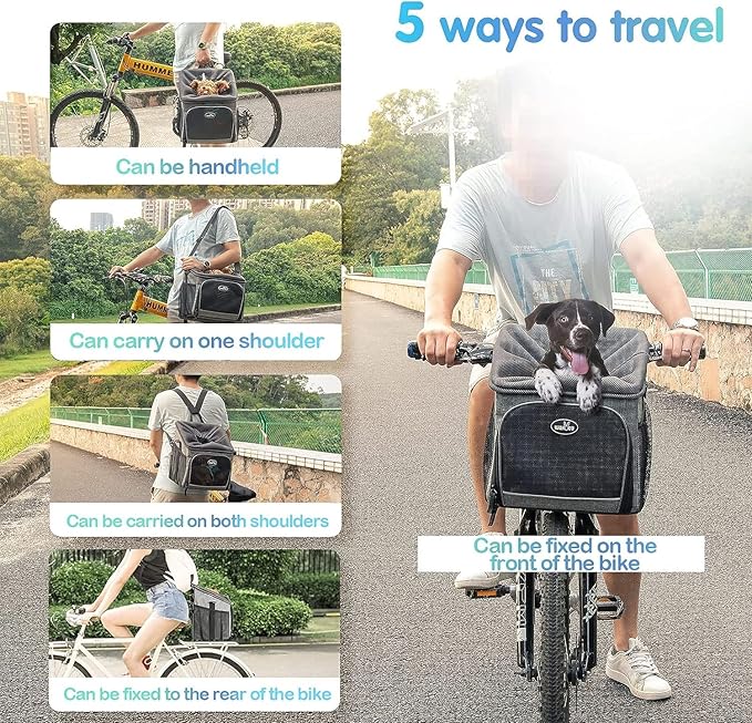 Dog Bike Basket Carrier, Pet Bicycle Front Carrier Backpack for Bike Riding Foldable Removable, Reflective Strips, 2 Side Storage Pockets, Pet Travel Bag for Cats Small Dogs