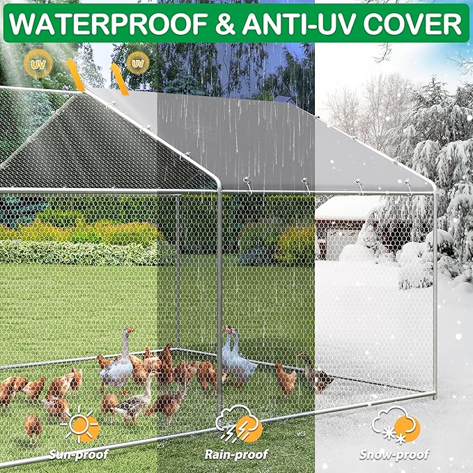 Large Metal Chicken Coop, Walk-in Chicken Run Pen with Waterproof Cover, Spire Roof Poultry Cage for Outdoor, Backyard, Farm