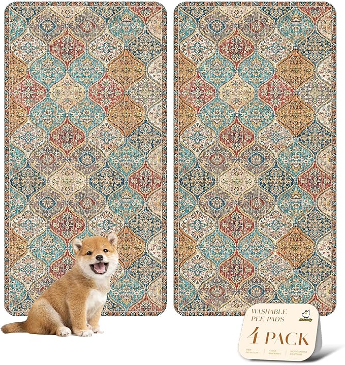 nunubaby 4PACK Washable Pee Pads for Dogs, Stylish, Non-Slip and Leak-Proof Pee Pads. Reusable Potty Pads for Dogs for Crates and Floors.(Cream/Multi, 24" x48")