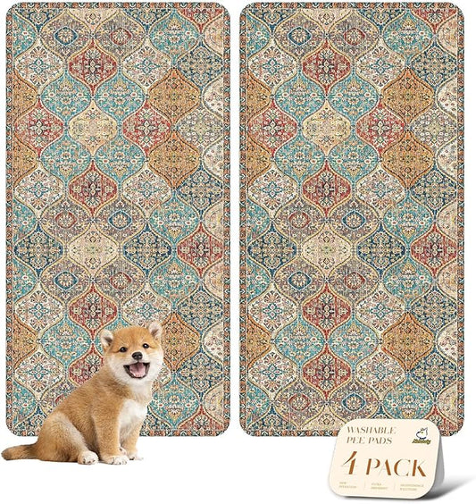 nunubaby 4PACK Washable Pee Pads for Dogs, Stylish, Non-Slip and Leak-Proof Pee Pads. Reusable Potty Pads for Dogs for Crates and Floors.(Cream/Multi, 24" x48")