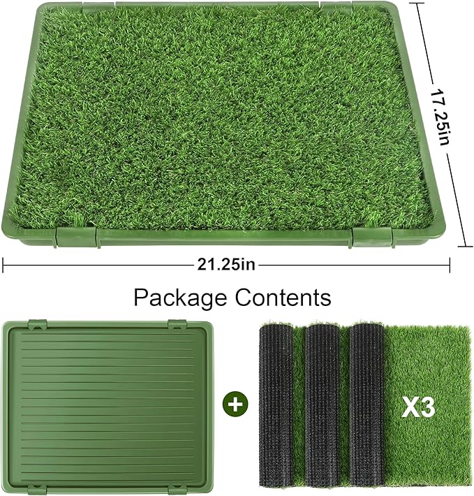 Dog Grass Pad with Tray: 3 Pack Grass Pee Pads for Dogs Potty for Puppy Training, Artificial Turf for Dogs with Collection Tray for Indoor /Outdoor /Patio /Balcony, 22"x18" Green