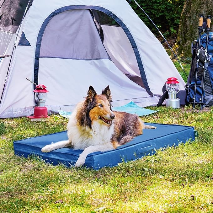 FurHaven Cooling Dog Bed – XL Foam Mattress for Joint Pain Relief, Waterproof Liner, Removable Washable Cover, Durable for Outdoor Use, Deluxe Grid Indoor/Outdoor Bed – Blue, Jumbo