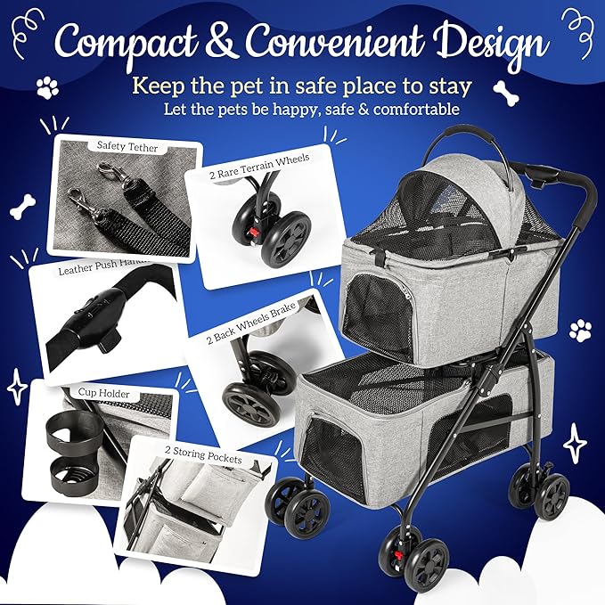 Detachable Pet Double Stroller with 4 Rolling Casters for 2 Pets – Lightweight Multifunctional Travel Stroller with Mesh Windows, Cup Holder, Sun Shades & Storage Pocket for Puppy and Kitty