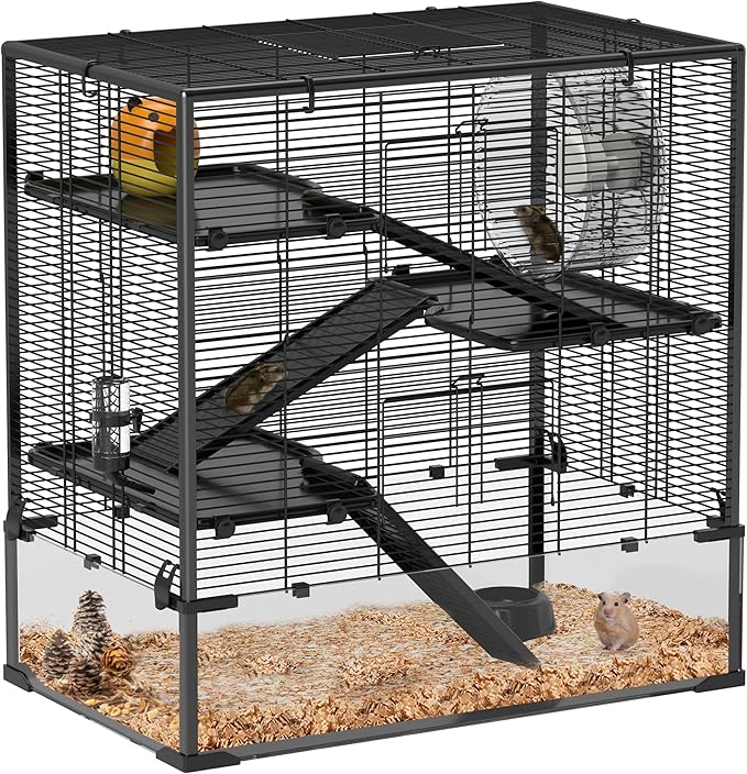 PawHut Large Hamster Cage with Deep Tempered Glass Bottom, 4 Tiers Hamster Tank with Running Wheel, Hut, Water Bottle, Dish, Rat Cage for Syrian, Dwarf, Gerbils, Mouse, 31" x 19" x 31.5", Black