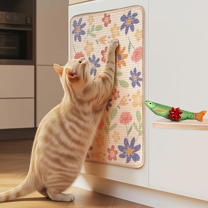 SCRATCHABLE Sisal Cat Scratcher, [+ Catnip Fish Toy], Wall Scratcher, Couch Protector, Scratching Mat- 24 X 15.8 With 12 Adhesive Velcro Stripes (Floral)