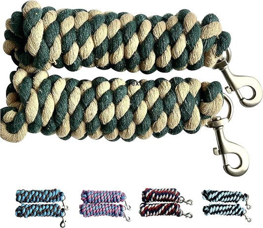 Majestic Ally Pack of 2 Solid Cotton Lead Rope for Horses & Livestock – 10 Foot Long and 5/8 inch Thick - Replaceable Heavy-Duty Satin Bolt Snap – Handmade – Soft, Broken in Feel (Hunter Green -Tan)