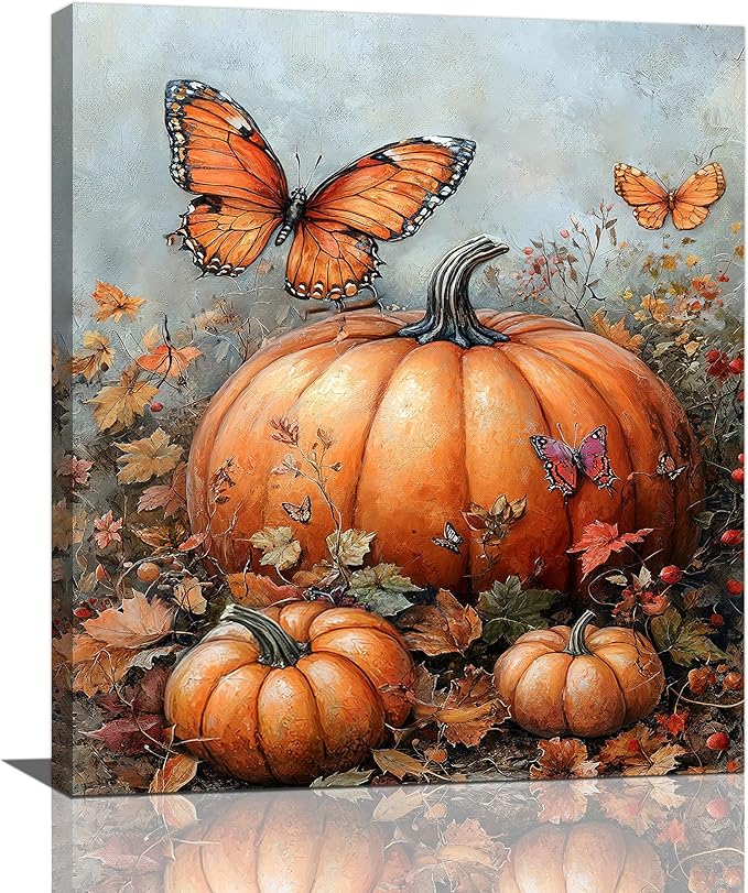 Fall Pumpkin Pictures Wall Art, Rustic Thanksgiving Bathroom Wall Decor, Farmhouse Autumn Butterfly Framed Painting Canvas Artwork for Harvest Gift Bedroom Living Room Decorations 24"L x 20"W