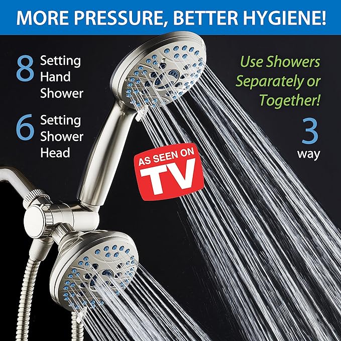 Hotel Spa AquaCare As-Seen-On-TV High Pressure 48-setting Rain & Handheld 3-way Shower Head Combo - Anti-clog Nozzles/Tub, Tile & Pet Power Wash/Extra Long 6 ft. Hose/Satin Nickel Finish