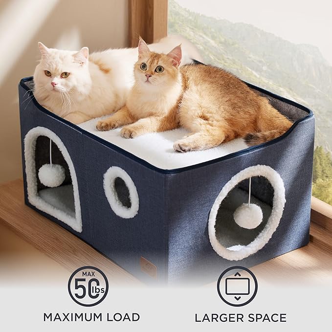 Bedsure Large Cat Beds for Indoor Cats - Extra Wide Cat Cube House for Small Pet with Fluffy Ball Hanging and Scratch Pad, Foldable Pet Cave Hideaway for Multiple Cats, 23.6x16.9x13 inches, Blue