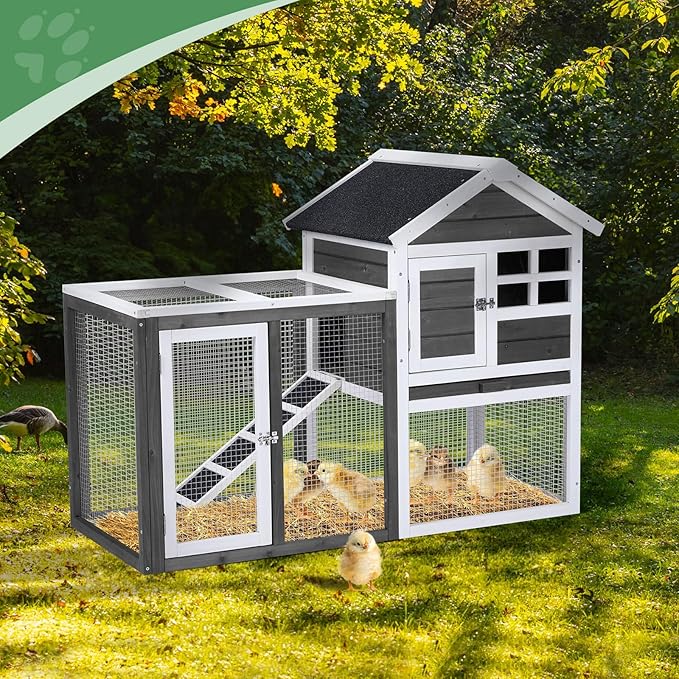 Outvita Rabbit Hutch, Small Wood Chicken Coop, 48" Guinea Pig Cage w/Pull-Out Tray, Waterproof Asphalt Roof, Chicken Run, Interactive Door for Small Animal Pen Outdoor