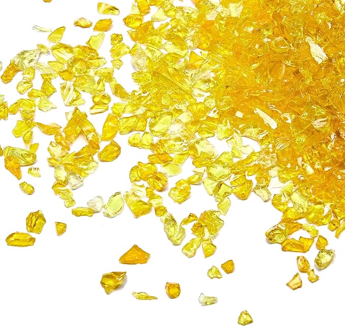 TWINKLING High Luster Fire Glass Gravel Stone Glitter,Broken Glass,Fire Gems Chips,Crushed Glass for Fire Pit Crafts Resin Art Aquarium Garden Decoration,3-6mm,1-Pound Jar (Yellow)