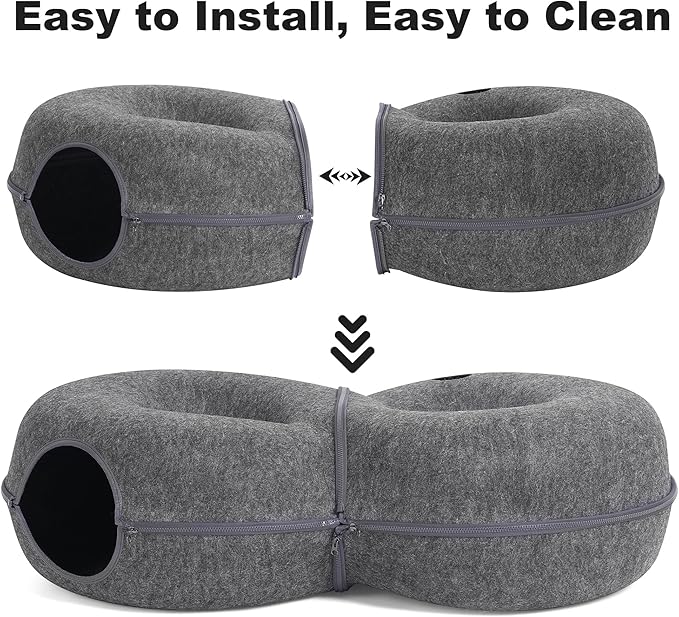 8-Shaped Large Cat Tunnel Bed for Indoor Cats, Infinite Circulation Peekaboo Cat Cave with 12 Toy Balls, Cat Donut Tunnel for Cats up to 30 Pounds (Dark Grey, L 38x24x11in)