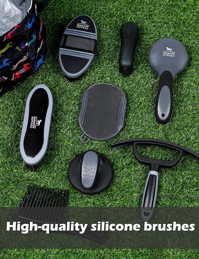 Harrison Howard Horse Grooming Kit 11-Piece Equine Care Series Horse Brush Sets with Organizer Tote Bag Tack Room Supplies Shedding Grooming Massaging Tools Black Brushstroke Ponies