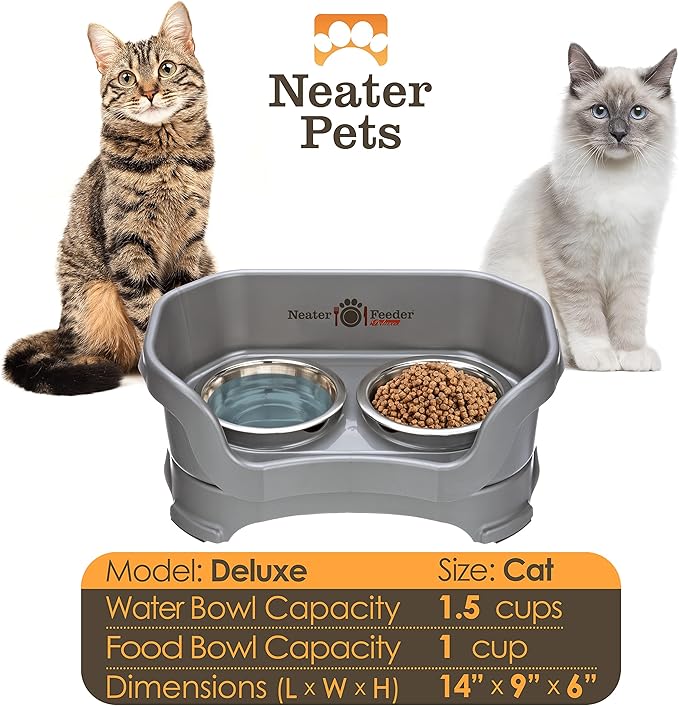 Neater Feeder Deluxe Mess Proof Cat Bowls Elevated for All Breeds – Made in USA – No Spill Raised Bowls for Indoor Cats – Stainless Steel Food and Water Bowl Set, Pet Dish Feeding Station, Grey