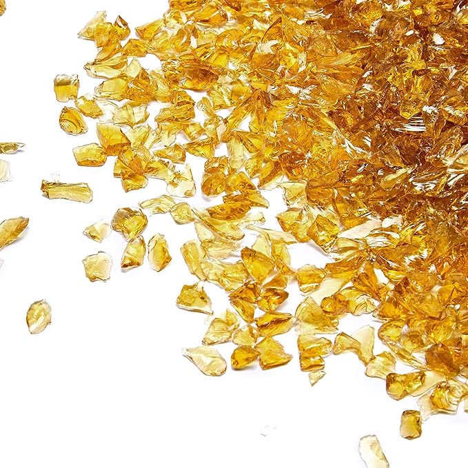 TWINKLING High Luster Fire Glass Gravel Stone Glitter,Broken Glass,Fire Gems Chips,Crushed Glass for Fire Pit Crafts Resin Art Aquarium Garden Decoration,3-6mm,1-Pound Jar (Light Amber)