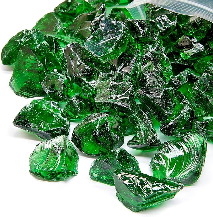 TWINKLING High Luster Fire Glass Gravel Stone,Broken Glass,Fire Pit Glass,Crushed Glass for Fireplace Pit Aquarium Garden Decoration,1-3cm,2-Pound Jar (Green)