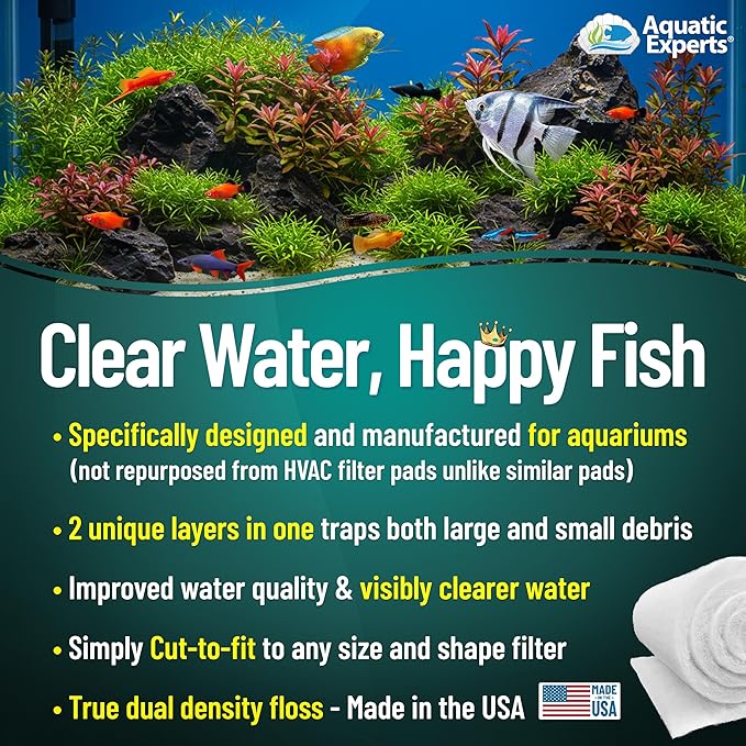 Aquatic Experts FilterFirst Aquarium Filter Pad - Aquarium Filter Floss for Crystal Clear Water, 3/4" - 1" Thick (24 Inch Wide, 12 Feet Long)