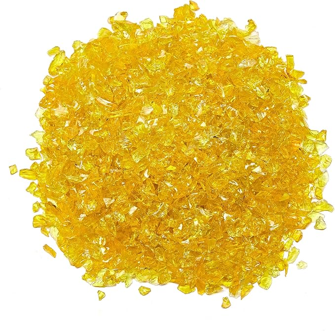 TWINKLING High Luster Fire Glass Gravel Stone Glitter,Broken Glass,Fire Gems Chips,Crushed Glass for Fire Pit Crafts Resin Art Aquarium Garden Decoration,3-6mm,1-Pound Jar (Yellow)
