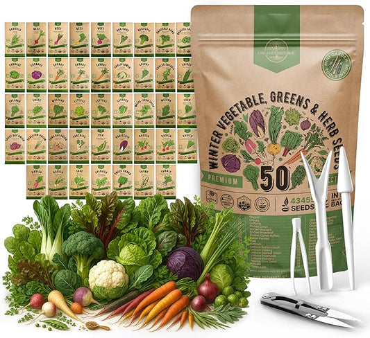 50 Winter Vegetable Garden Seeds Variety Pack - 43,450+ Non-GMO Heirloom Seeds for Outdoors & Indoor Home Gardening, Including Kohlrabi, Lettuce, Radish, Onion, Choy, Spinach, Cauliflower, Collards