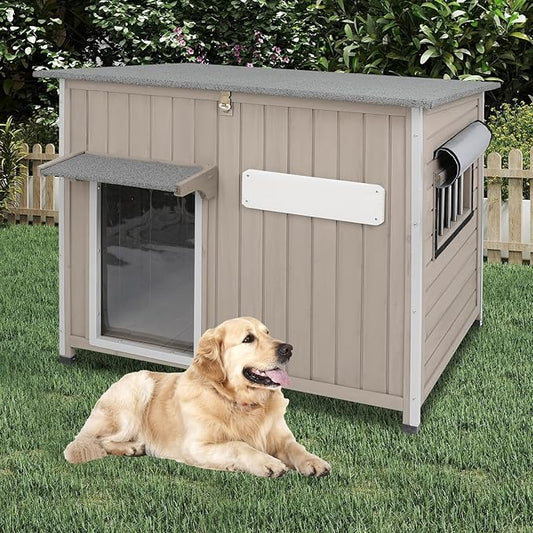 Weatherproof Outdoor Dog House, Wooden Puppy Shelter with Anti-Chewing Iron Frame and Elevated Floor, Sturdy Dog Kennel for Small, Medium & Large Dogs, Grey (Gray, 40" L x 26" W x 31" H)
