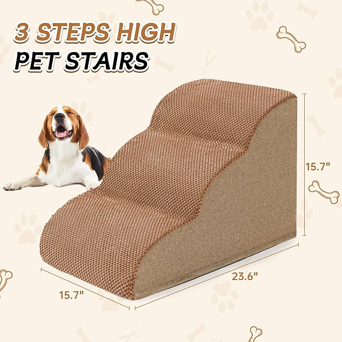 Romrol Dog Stairs Ramp for High Beds Couches, High Density Foam Pet Steps with Durable Non-Slip Waterproof Fabric Cover, Dog Stairs for Small Dogs or Cats or Pets, 3-Step,15 Inch,Light Brown