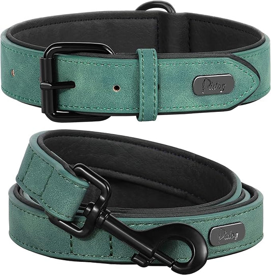 Didog Soft Padded Leather Dog Collar and Leash Set, Adjustable and Breathable Pet Collars with 4FT PU Leather Dog Leash for Small Medium Large Dogs, Green, XL
