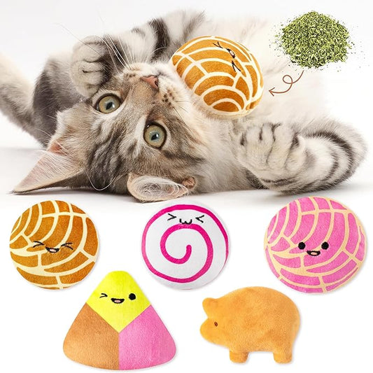 L1rabe Mexican Catnip Stuffed Toys - Hispanic Heritage Month 5Pcs Concha Cafecito Pan Dulce Funny Cat Toys for Cat Lovers Indoor Kitten Chew Bite Kick Non-Toxic Pet Supplies Kitten Birthday Presents