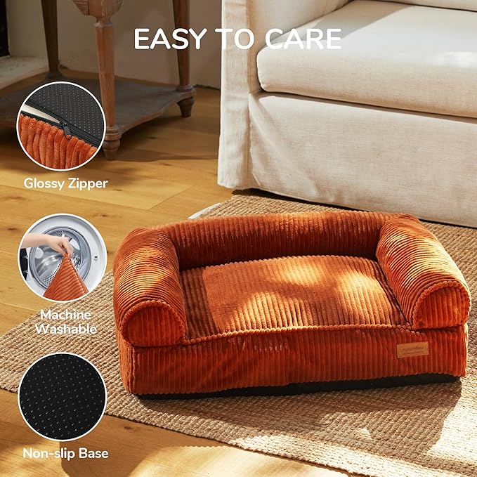 FUKUMARU Dog Couch Bed, Corduroy Cozy Cat Bed for Indoor Cats with Washable Cover, Supportive Waterproof Dog Beds Sofa for Small Dogs and Large Cats Cute, 28inch, Medium, Orange
