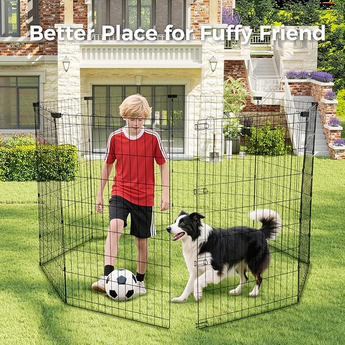 Foldable Dog Playpen 42" Height 8 Panels Metal Exercise Pen No Door - Indoor/Outdoor Dog Play Pen for Medium-Large Dogs, Portable Pet Fence for Yard Garden Camping, Black