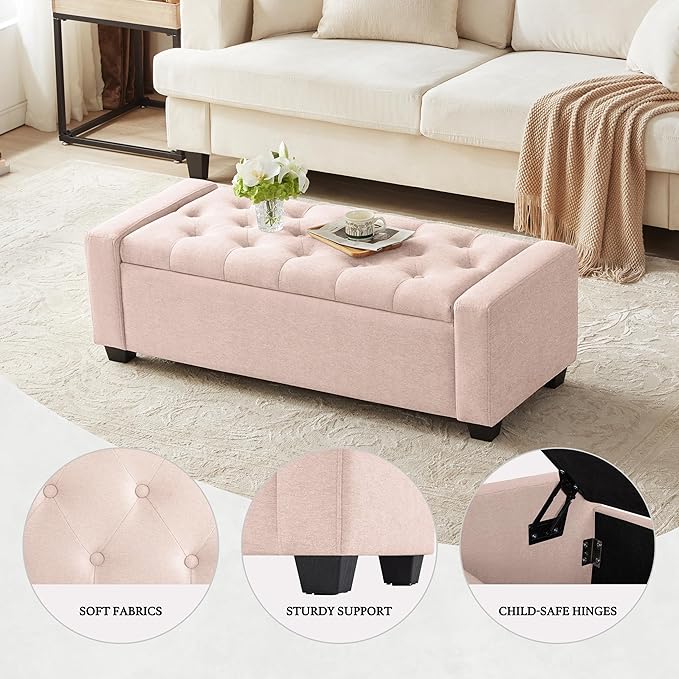 48" Ottoman with Storage, Pink Storage Ottoman Bench with Safety Hinge, Upholstered Entryway Bench with Seating for Bedroom, Living Room, Holds up to 330 lb