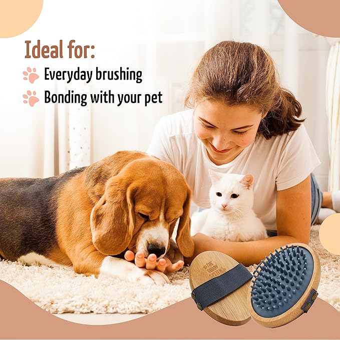 The Buddy System Rubber Pet Close Brush, Soft Touch Oval Palm Brush - Bamboo Massage Handheld with Rubber Bristles and Elastic Band for Dogs and Cats - Gray